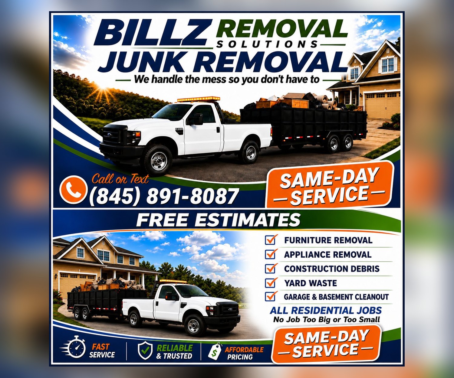Billz Removal Solutions junk removal services: furniture, appliances, construction debris, yard waste, cleanouts — free estimates and same-day service