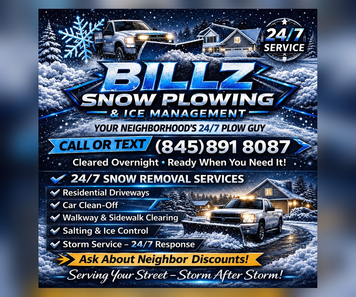 Billz Snow Plowing & Ice Management — 24/7 residential driveway plowing, salting and storm response in the Hudson Valley