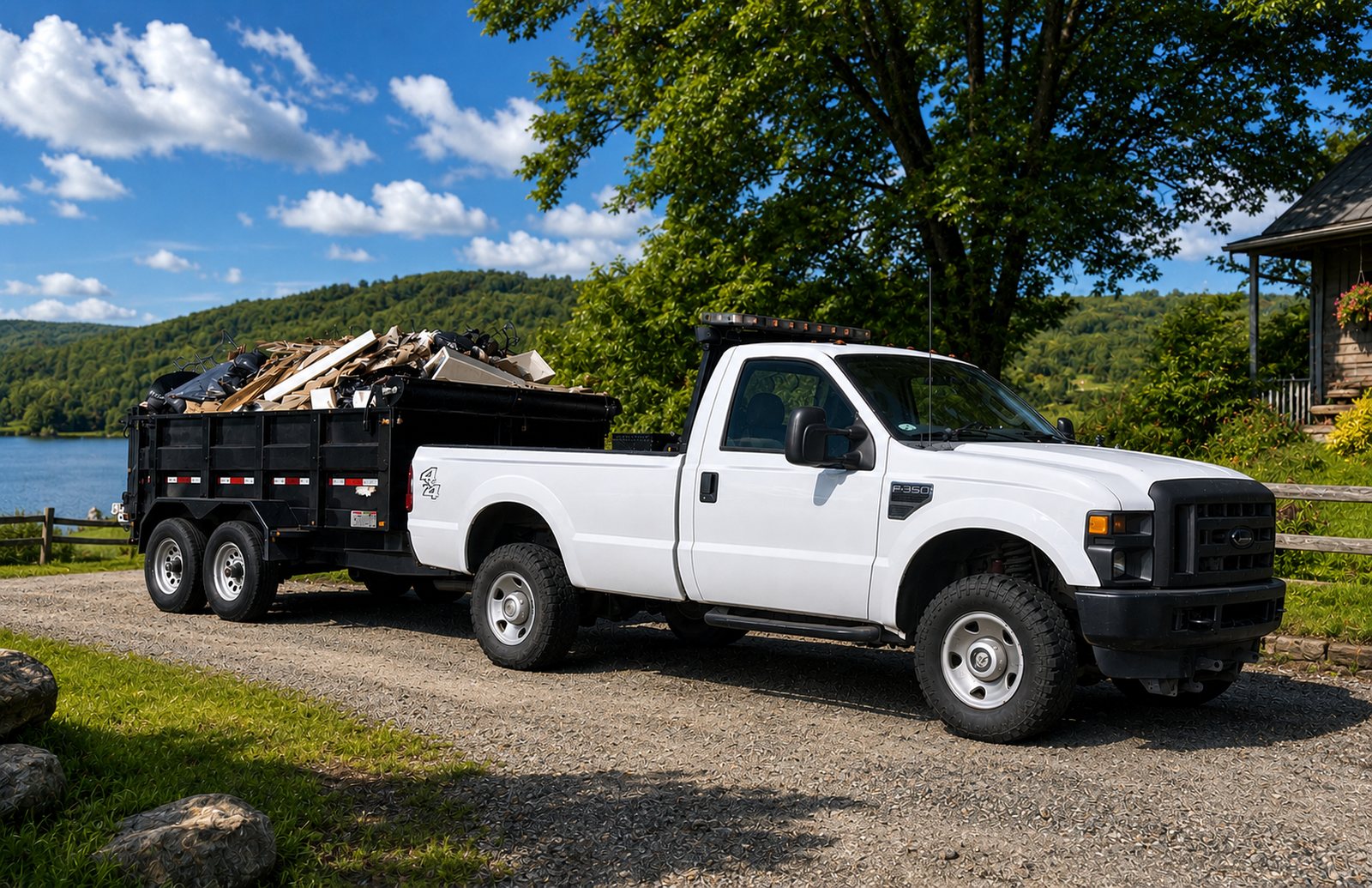 Billz Removal Solutions heavy-duty pickup and dump trailer loaded with junk, on site